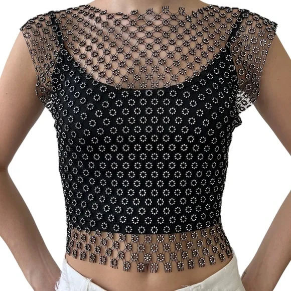 House of Harlow 1960 Rhinestone Sheer Top & Cami SET Black Beaded Revolve Medium - Picture 5 of 10